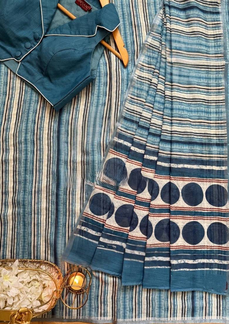 Blue Color Digital Print Work Cotton Saree