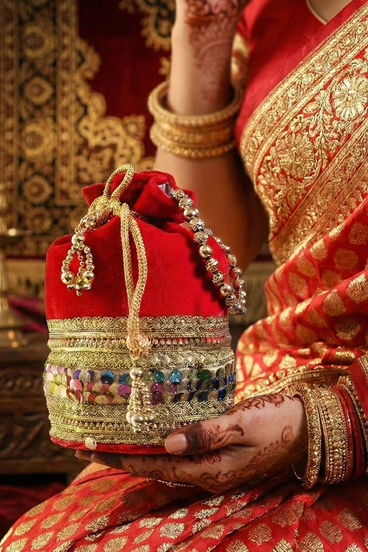 Red silk designer potli bag – golden embroidery & pearl handle