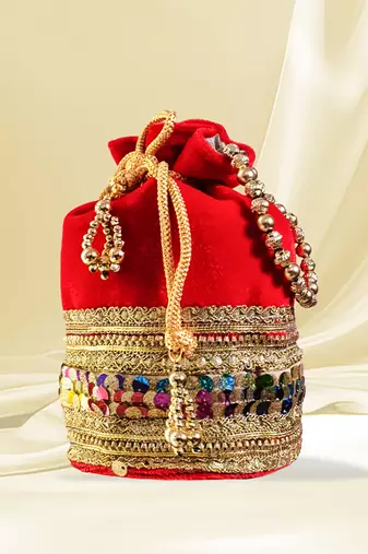 Red silk designer potli bag – golden embroidery & pearl handle
