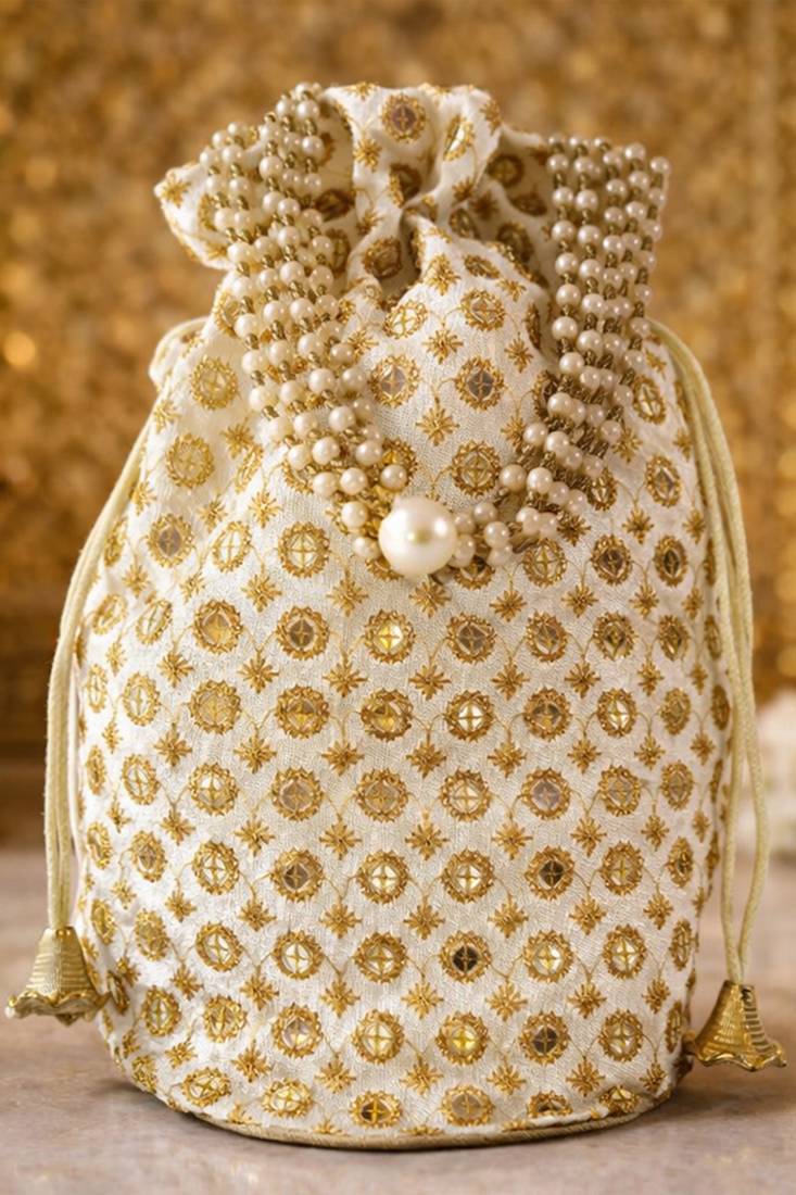 White cream gold embroidered potli bag – beaded handcrafted 