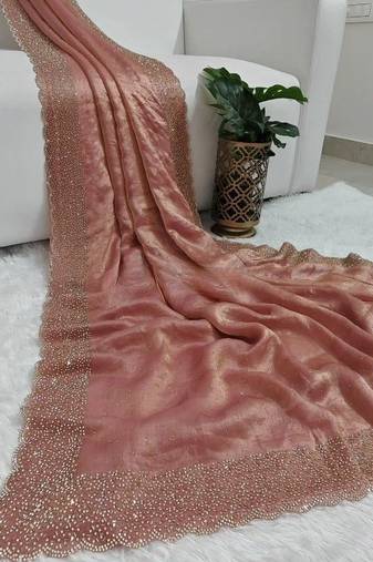 Baby Pink Color hand Dimond work chiffon saree 