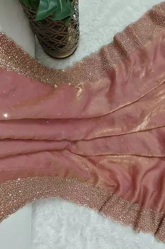 Baby Pink Color hand Dimond work chiffon saree 
