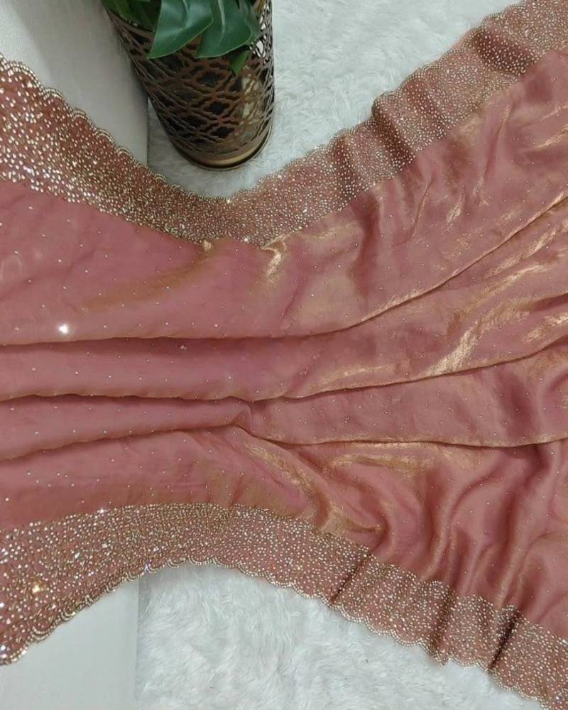 Baby Pink Color hand Dimond work chiffon saree 