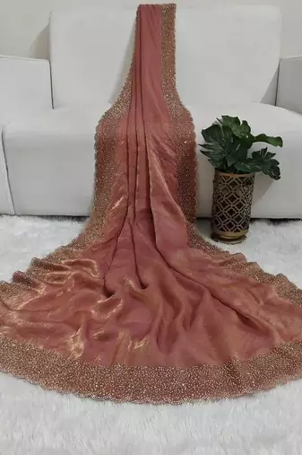 Baby Pink Color hand Dimond work chiffon saree 