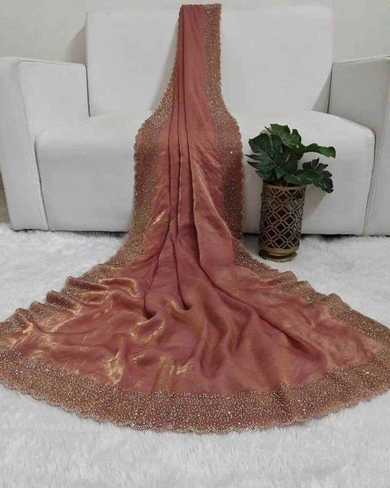 Baby Pink Color hand Dimond work chiffon saree 