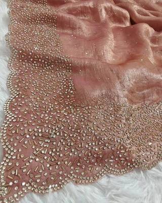 Baby Pink Color hand Dimond work chiffon saree  4