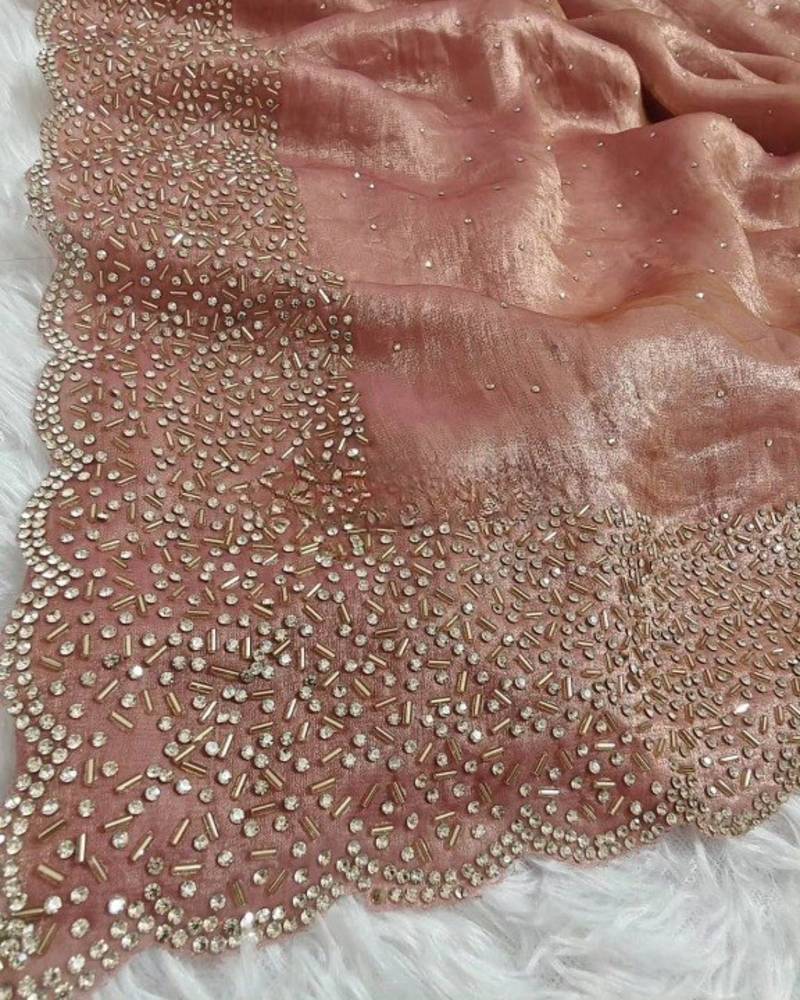 Baby Pink Color hand Dimond work chiffon saree 