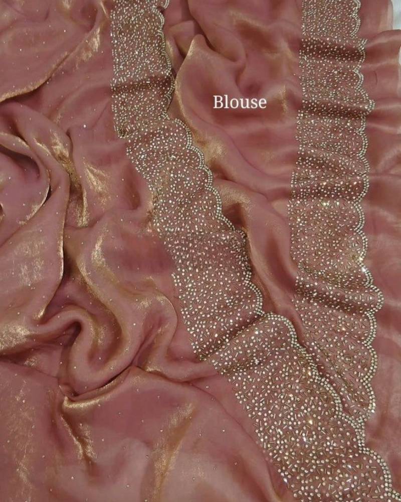Baby Pink Color hand Dimond work chiffon saree 