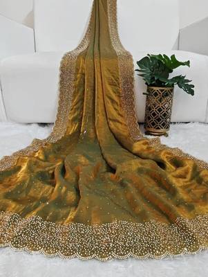 Mehndi Green Color hand Dimond work chiffon saree  1