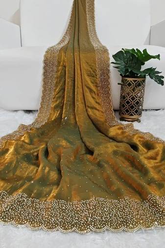 Mehndi Green Color hand Dimond work chiffon saree 