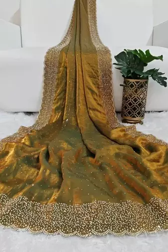 Mehndi Green Color hand Dimond work chiffon saree 