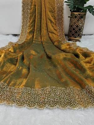 Mehndi Green Color hand Dimond work chiffon saree  2