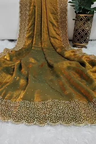 Mehndi Green Color hand Dimond work chiffon saree 