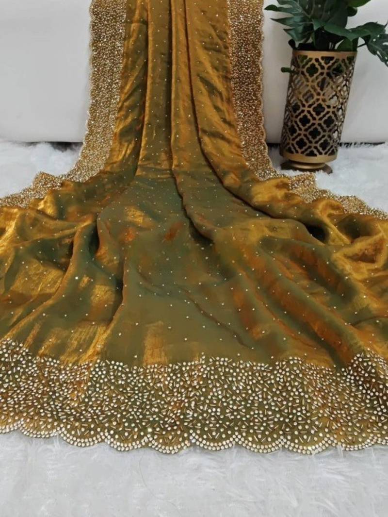 Mehndi Green Color hand Dimond work chiffon saree 