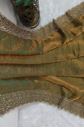 Mehndi Green Color hand Dimond work chiffon saree 