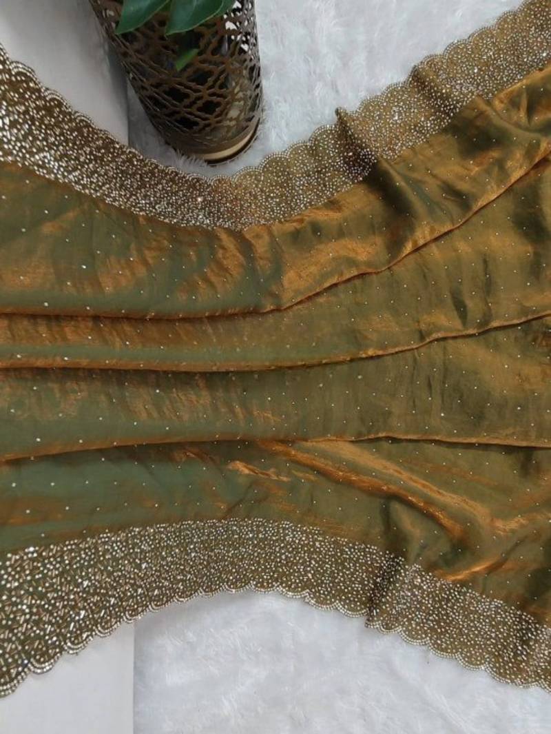 Mehndi Green Color hand Dimond work chiffon saree 