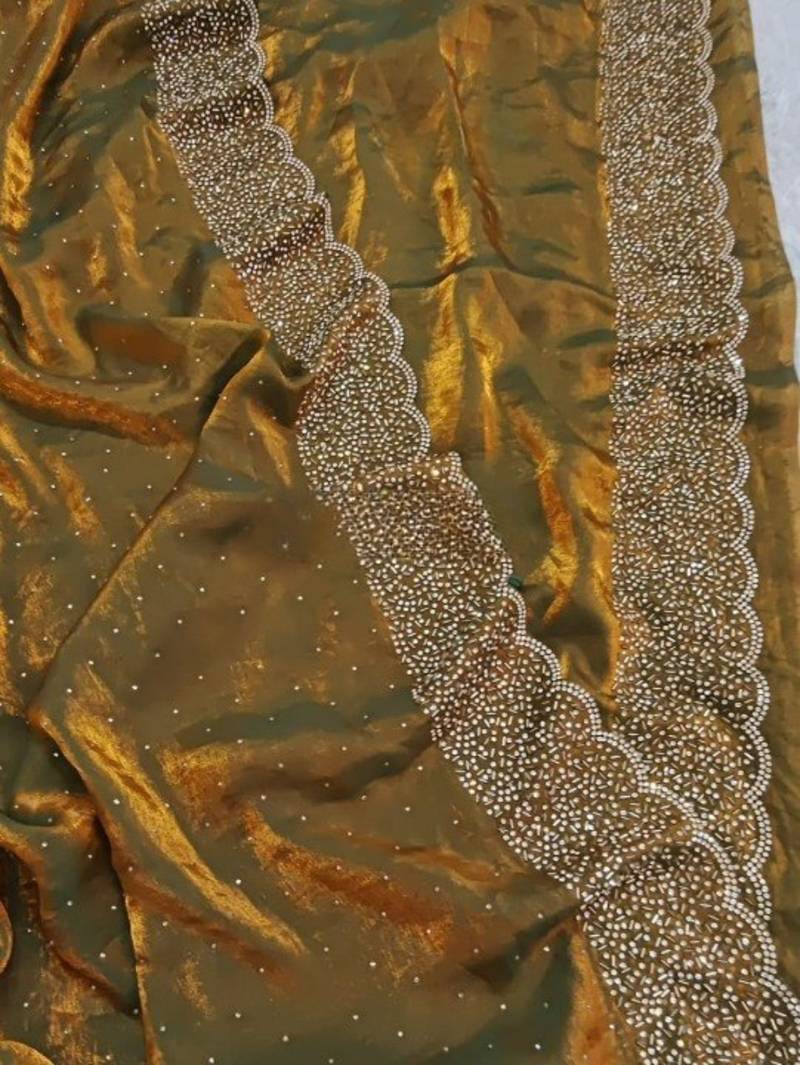 Mehndi Green Color hand Dimond work chiffon saree 