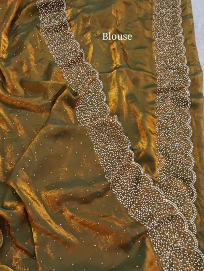 Mehndi Green Color hand Dimond work chiffon saree 