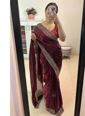 Maroon Color hand Dimond work chiffon saree  1