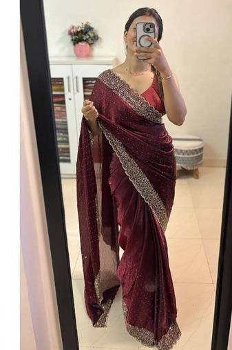 Maroon Color hand Dimond work chiffon saree 