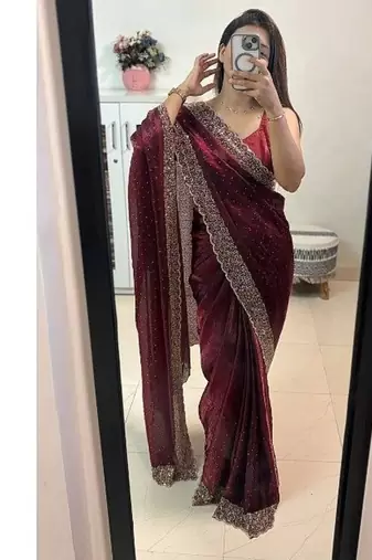 Maroon Color hand Dimond work chiffon saree 