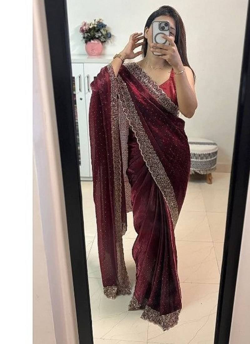 Maroon Color hand Dimond work chiffon saree 