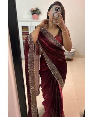 Maroon Color hand Dimond work chiffon saree  3