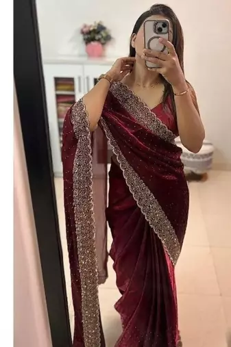Maroon Color hand Dimond work chiffon saree 