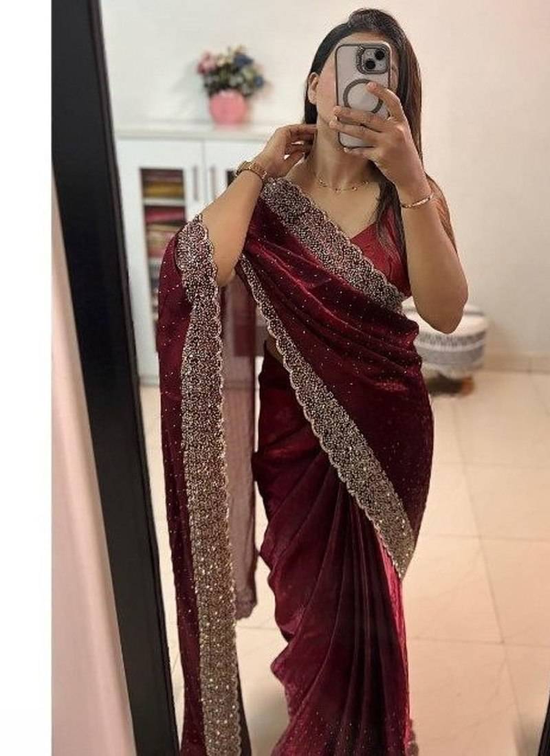 Maroon Color hand Dimond work chiffon saree 