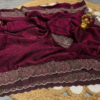 Maroon Color hand Dimond work chiffon saree  4