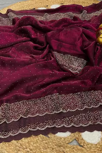 Maroon Color hand Dimond work chiffon saree 