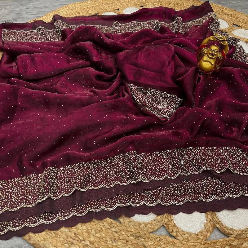 Maroon Color hand Dimond work chiffon saree 