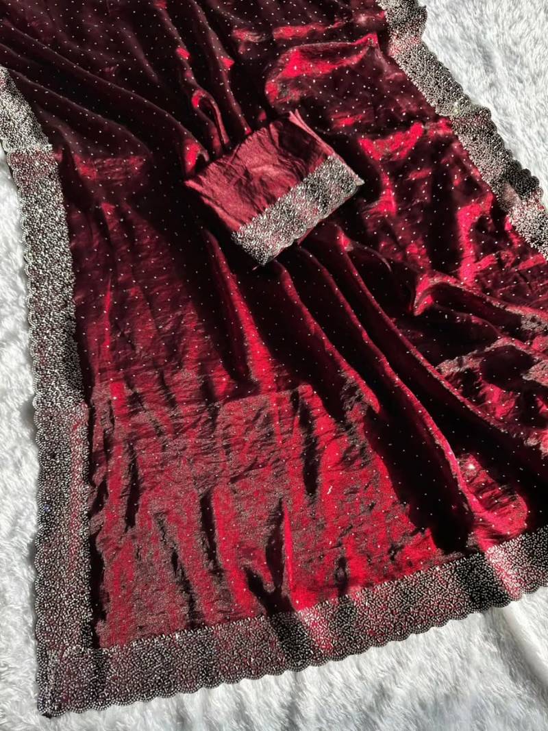 Maroon Color hand Dimond work chiffon saree 