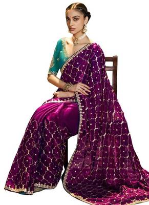 Wine Color embroidery sequence work satin saree  1