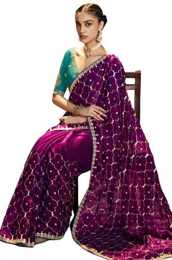 Wine Color embroidery sequence work satin saree 