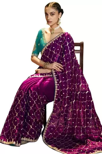 Wine Color embroidery sequence work satin saree 