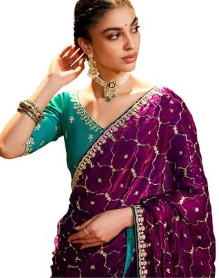 Wine Color embroidery sequence work satin saree  2