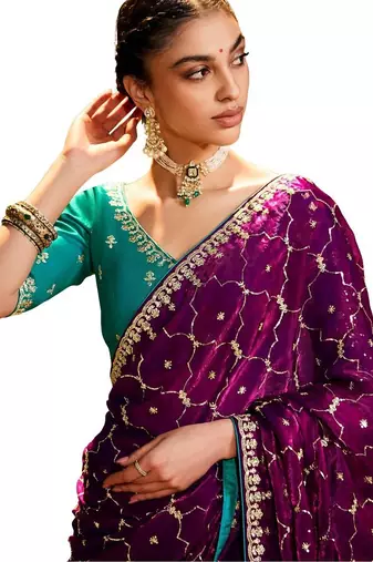 Wine Color embroidery sequence work satin saree 