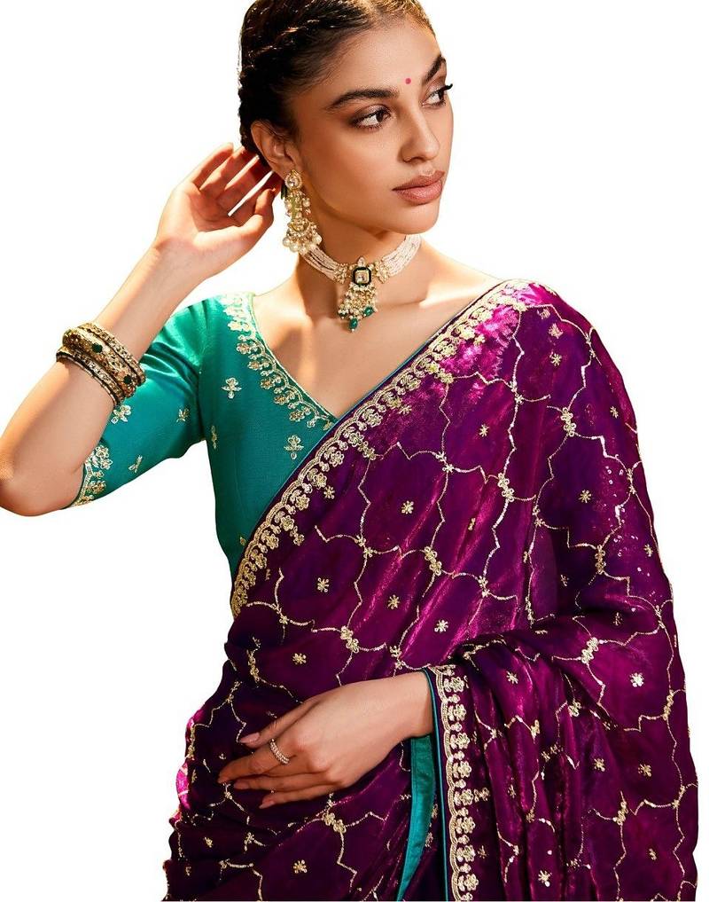 Wine Color embroidery sequence work satin saree 