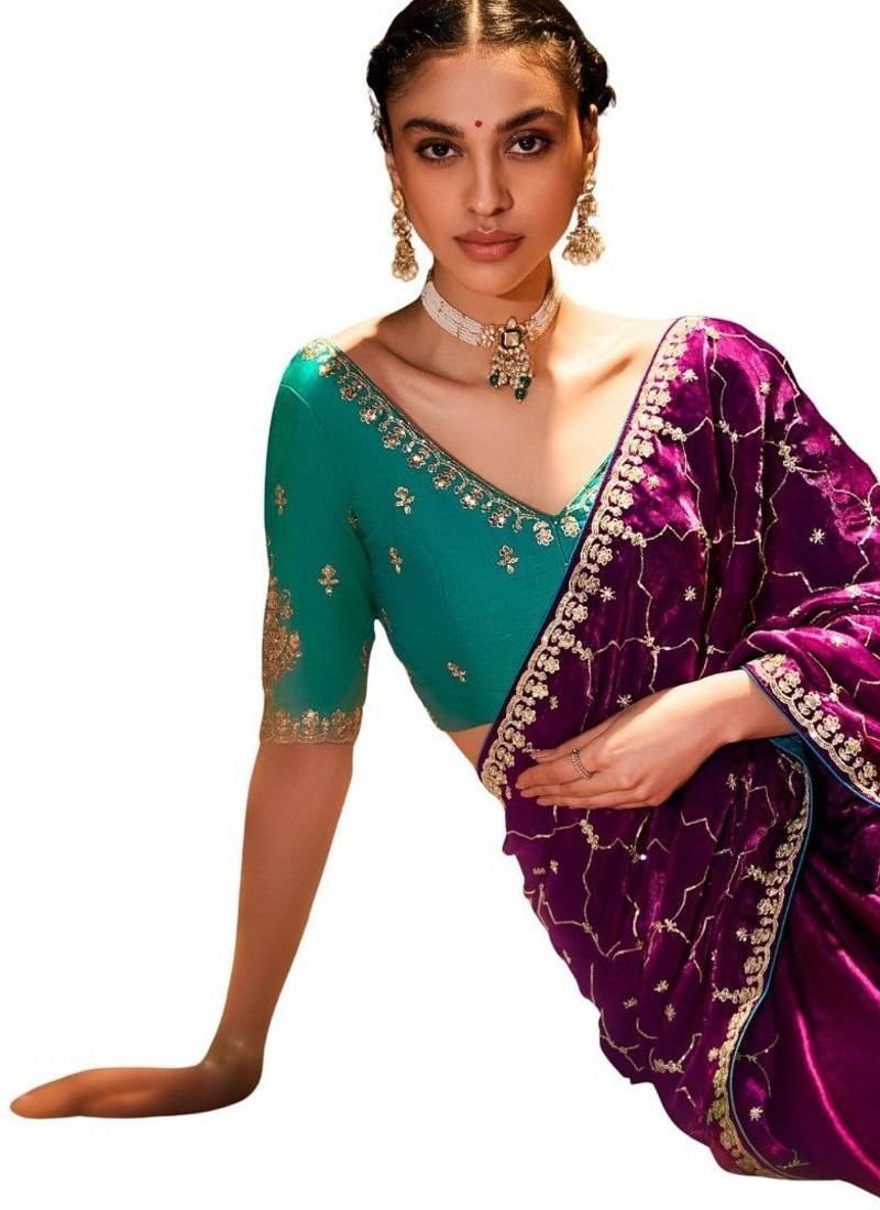Wine Color embroidery sequence work satin saree 