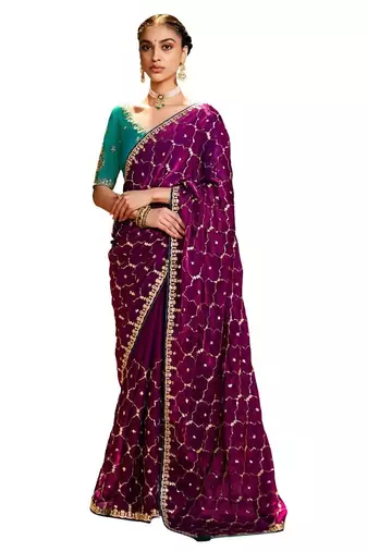 Wine Color embroidery sequence work satin saree 