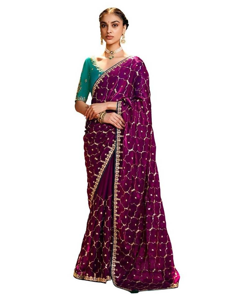 Wine Color embroidery sequence work satin saree 
