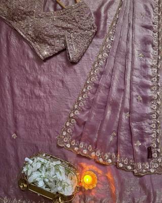 Light Pink Color real beads work chiffon saree   1