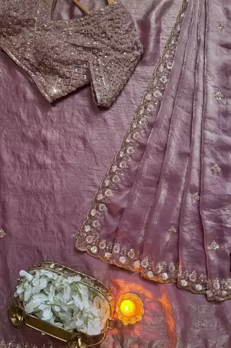Light Pink Color real beads work chiffon saree  