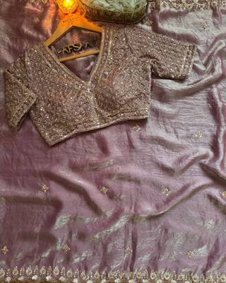 Light Pink Color real beads work chiffon saree   2