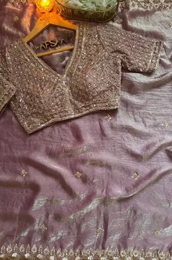 Light Pink Color real beads work chiffon saree  