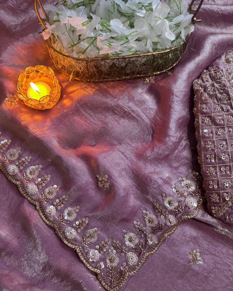 Light Pink Color real beads work chiffon saree  
