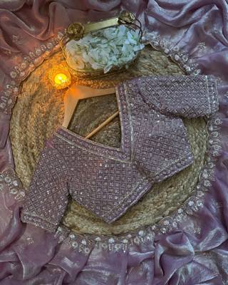 Lavender Color real beads work chiffon saree   1