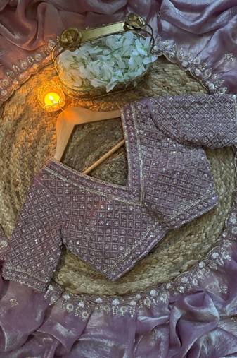 Lavender Color real beads work chiffon saree  