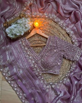 Lavender Color real beads work chiffon saree   2